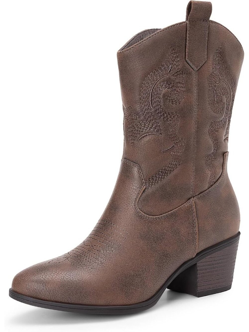 Women’s Brown Mid Calf Cowboy Boots Embroidered Round Toe Western Low Heel
